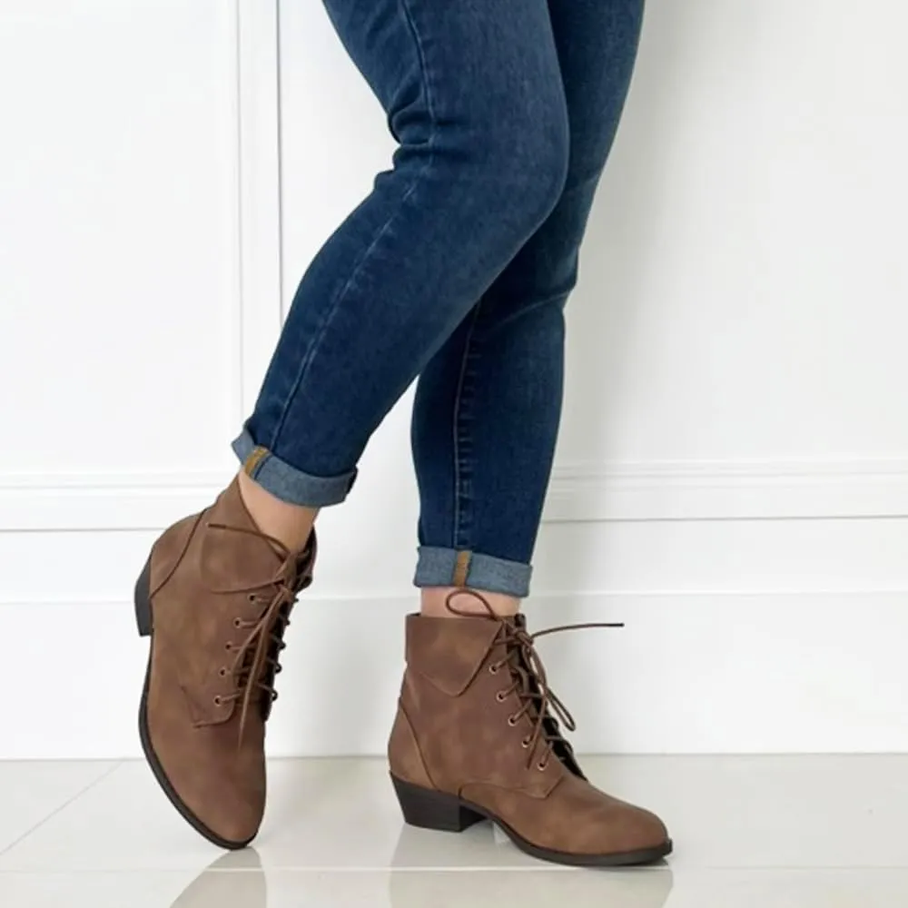 TOP Moda EC89 Women's Foldover Lace Up Low Chunky Heel Ankle Booties