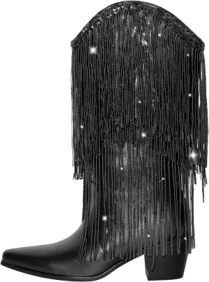 VERISSON Point Toe High Heeled Rinestones Tassels Boots with Multi-fringe