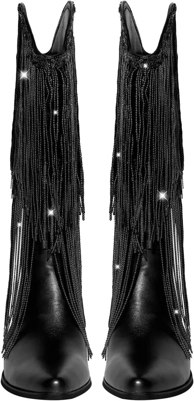 VERISSON Point Toe High Heeled Rinestones Tassels Boots with Multi-fringe