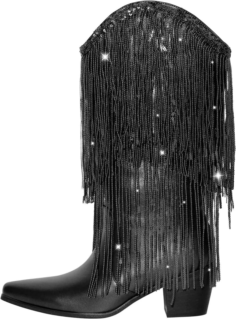 VERISSON Point Toe High Heeled Rinestones Tassels Boots with Multi-fringe
