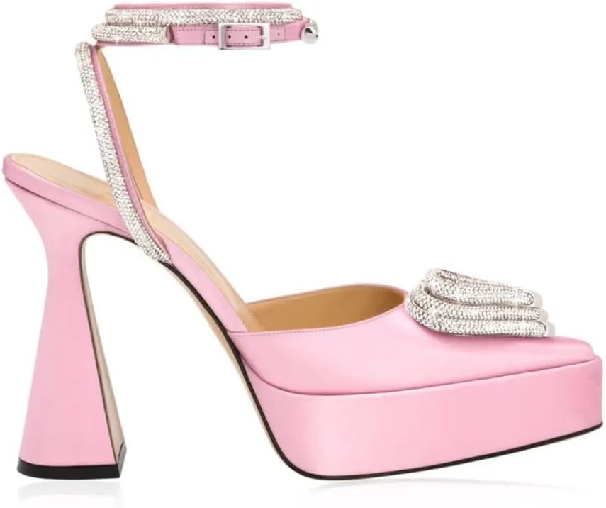 Vertundy Women's Platform Rhinestone Pumps - Ankle Strap Closed Pointed Toe Chunky Heel Satin Triple Heart Fashion Dress Shoes