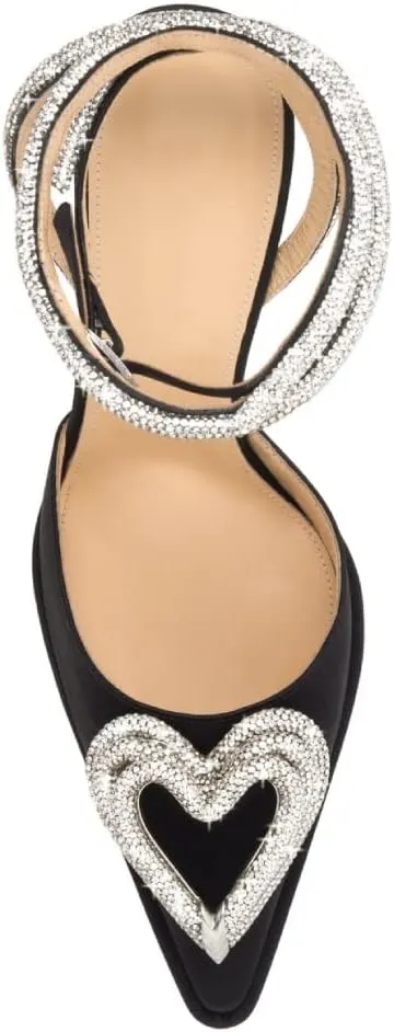 Vertundy Women's Platform Rhinestone Pumps - Ankle Strap Closed Pointed Toe Chunky Heel Satin Triple Heart Fashion Dress Shoes