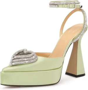 Vertundy Women's Platform Rhinestone Pumps - Ankle Strap Closed Pointed Toe Chunky Heel Satin Triple Heart Fashion Dress Shoes