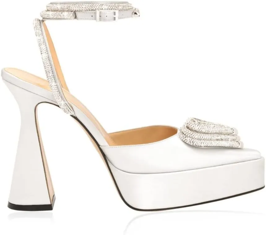 Vertundy Women's Platform Rhinestone Pumps - Ankle Strap Closed Pointed Toe Chunky Heel Satin Triple Heart Fashion Dress Shoes