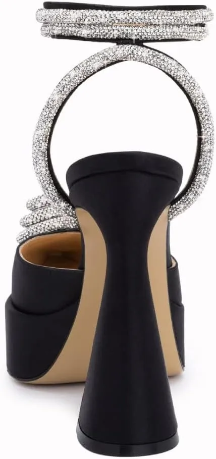 Vertundy Women's Platform Rhinestone Pumps - Ankle Strap Closed Pointed Toe Chunky Heel Satin Triple Heart Fashion Dress Shoes