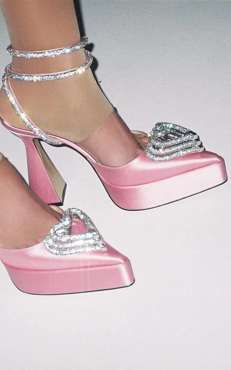Vertundy Women's Platform Rhinestone Pumps - Ankle Strap Closed Pointed Toe Chunky Heel Satin Triple Heart Fashion Dress Shoes
