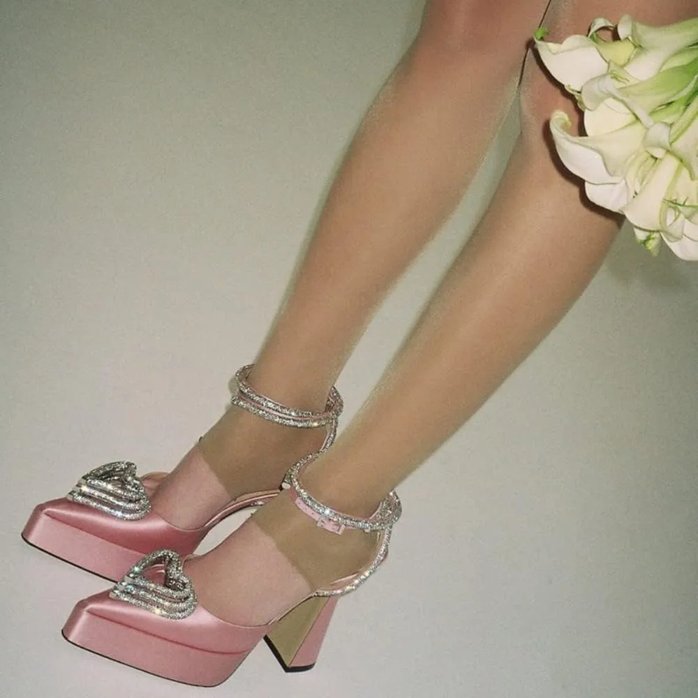 Vertundy Women's Platform Rhinestone Pumps - Ankle Strap Closed Pointed Toe Chunky Heel Satin Triple Heart Fashion Dress Shoes