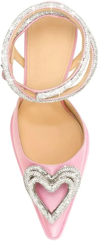 Vertundy Women's Platform Rhinestone Pumps - Ankle Strap Closed Pointed Toe Chunky Heel Satin Triple Heart Fashion Dress Shoes