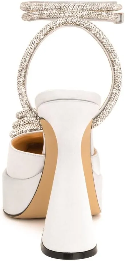 Vertundy Women's Platform Rhinestone Pumps - Ankle Strap Closed Pointed Toe Chunky Heel Satin Triple Heart Fashion Dress Shoes