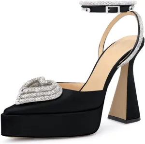 Vertundy Women's Platform Rhinestone Pumps - Ankle Strap Closed Pointed Toe Chunky Heel Satin Triple Heart Fashion Dress Shoes