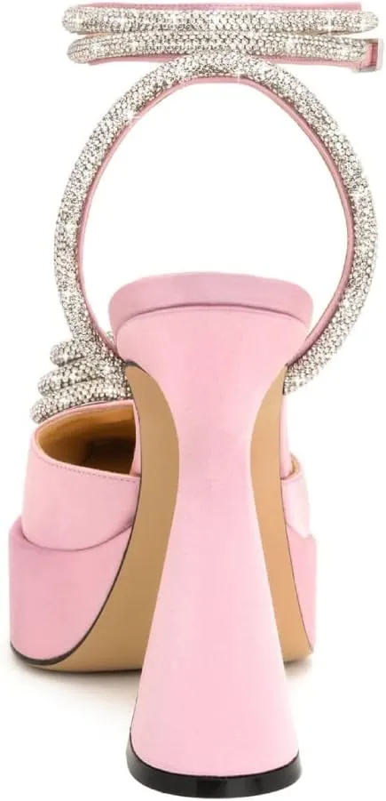 Vertundy Women's Platform Rhinestone Pumps - Ankle Strap Closed Pointed Toe Chunky Heel Satin Triple Heart Fashion Dress Shoes