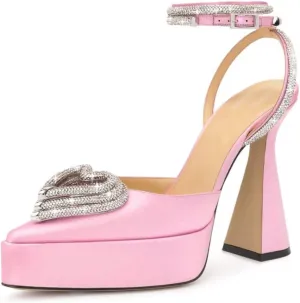 Vertundy Women's Platform Rhinestone Pumps - Ankle Strap Closed Pointed Toe Chunky Heel Satin Triple Heart Fashion Dress Shoes