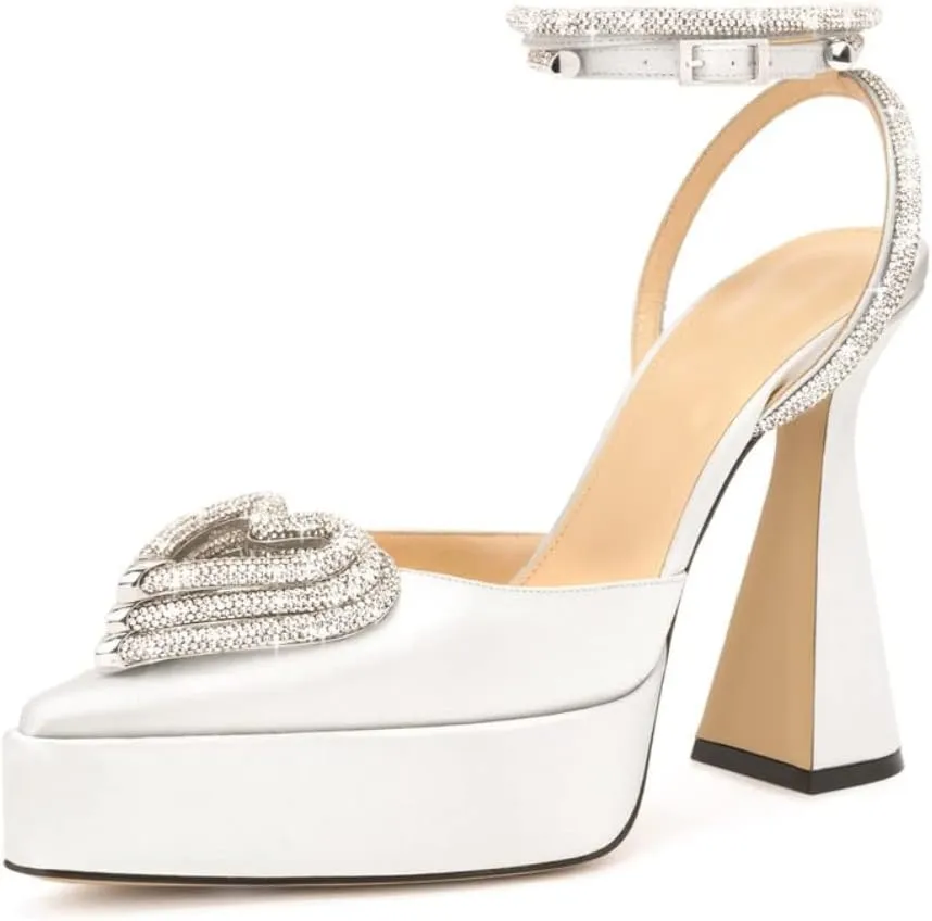 Vertundy Women's Platform Rhinestone Pumps - Ankle Strap Closed Pointed Toe Chunky Heel Satin Triple Heart Fashion Dress Shoes