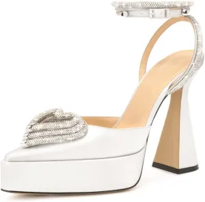 Vertundy Women's Platform Rhinestone Pumps - Ankle Strap Closed Pointed Toe Chunky Heel Satin Triple Heart Fashion Dress Shoes