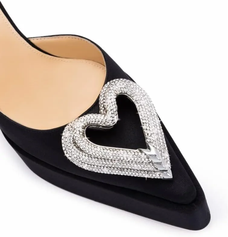Vertundy Women's Platform Rhinestone Pumps - Ankle Strap Closed Pointed Toe Chunky Heel Satin Triple Heart Fashion Dress Shoes