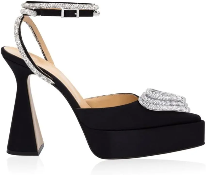 Vertundy Women's Platform Rhinestone Pumps - Ankle Strap Closed Pointed Toe Chunky Heel Satin Triple Heart Fashion Dress Shoes
