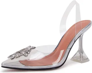 VETASTE Women's High Heel Crystal Slingback Pumps Pointed Toe Strappy Triangle Heeled Party Wedding Bride Pump Shoes