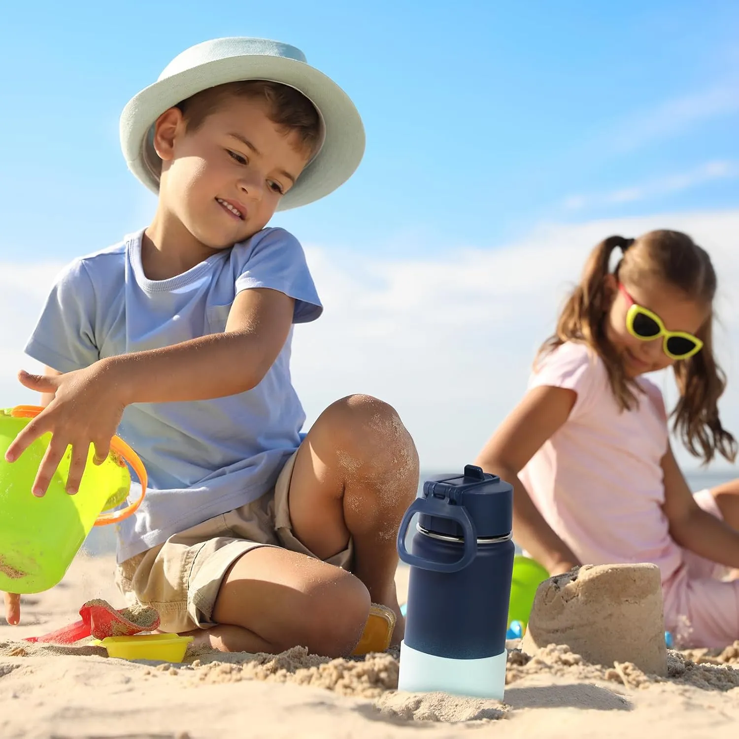 Volhoply 14oz Water Bottle with Straw Lid and Silicone Boot Bulk 6 Pack,Stainless Steel Insulated Thermos for Boys & Girls Multipack,Double Wall Vacuum Leakproof Kids bottles(Blue Green,6)