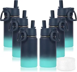 Volhoply 14oz Water Bottle with Straw Lid and Silicone Boot Bulk 6 Pack,Stainless Steel Insulated Thermos for Boys & Girls Multipack,Double Wall Vacuum Leakproof Kids bottles(Blue Green,6)