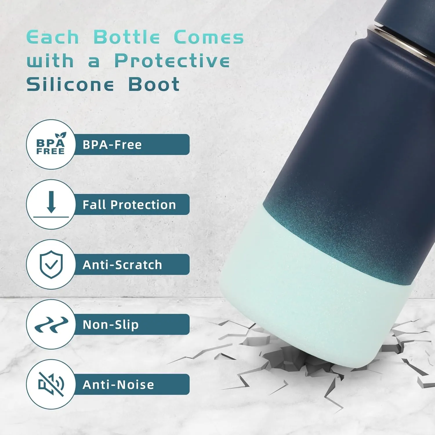 Volhoply 14oz Water Bottle with Straw Lid and Silicone Boot Bulk 6 Pack,Stainless Steel Insulated Thermos for Boys & Girls Multipack,Double Wall Vacuum Leakproof Kids bottles(Blue Green,6)