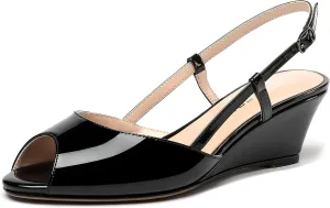 WAYDERNS Women's Slingback Patent Peep Toe Sandals Ankle Strap Wedge Low Heel Pumps Cute Dress Shoes 2 Inch