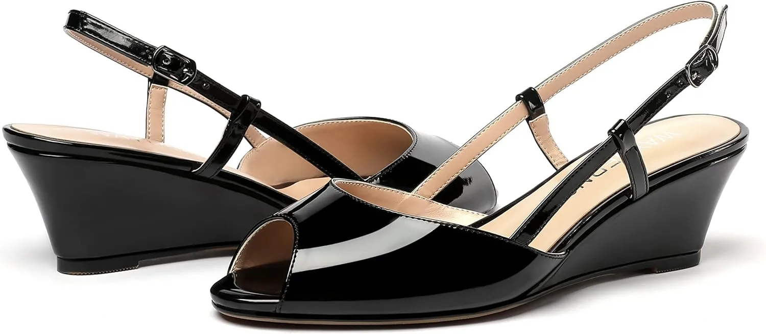 WAYDERNS Women's Slingback Patent Peep Toe Sandals Ankle Strap Wedge Low Heel Pumps Cute Dress Shoes 2 Inch