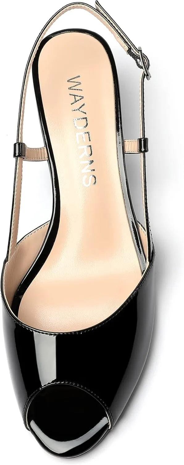 WAYDERNS Women's Slingback Patent Peep Toe Sandals Ankle Strap Wedge Low Heel Pumps Cute Dress Shoes 2 Inch