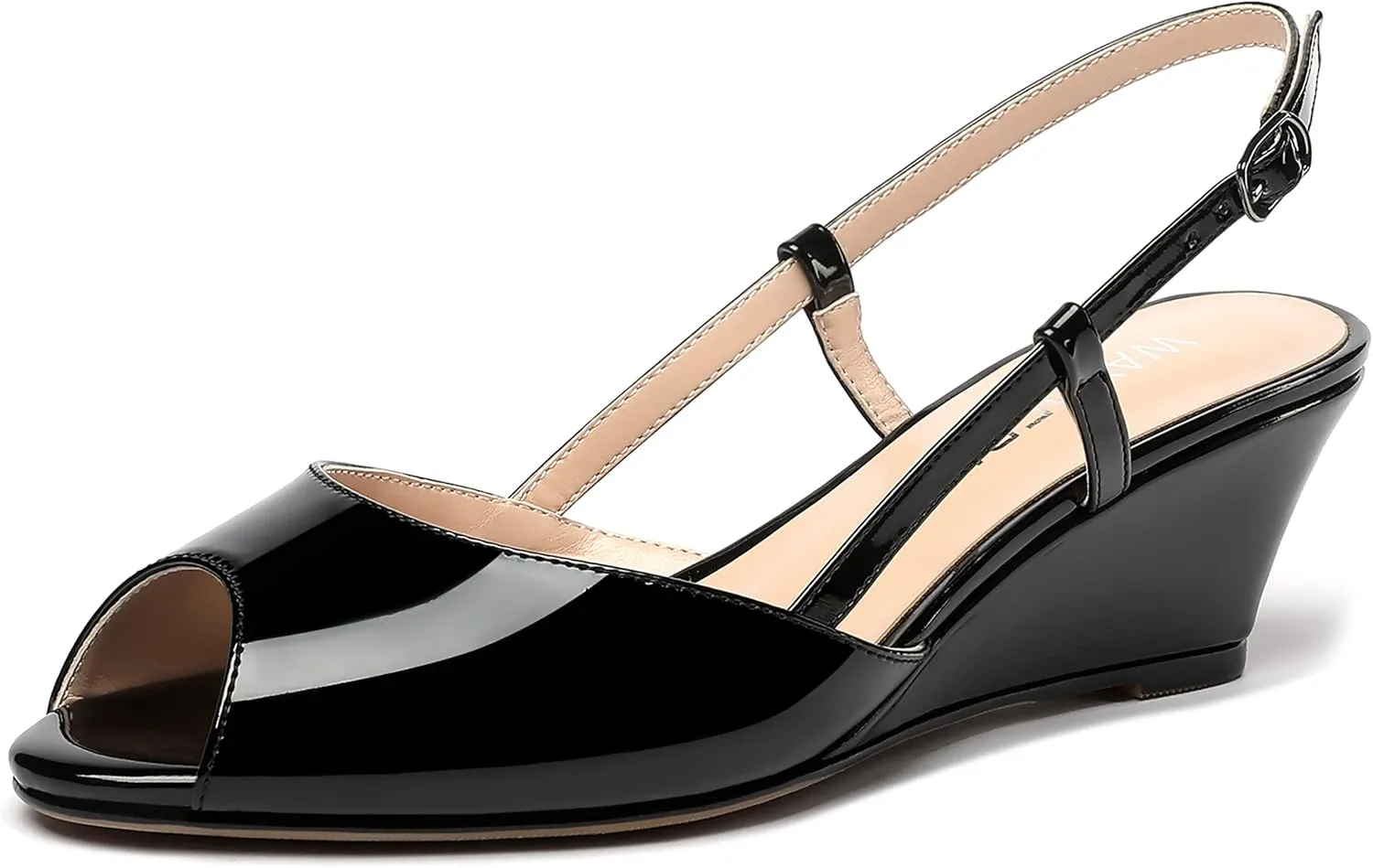 WAYDERNS Women's Slingback Patent Peep Toe Sandals Ankle Strap Wedge Low Heel Pumps Cute Dress Shoes 2 Inch