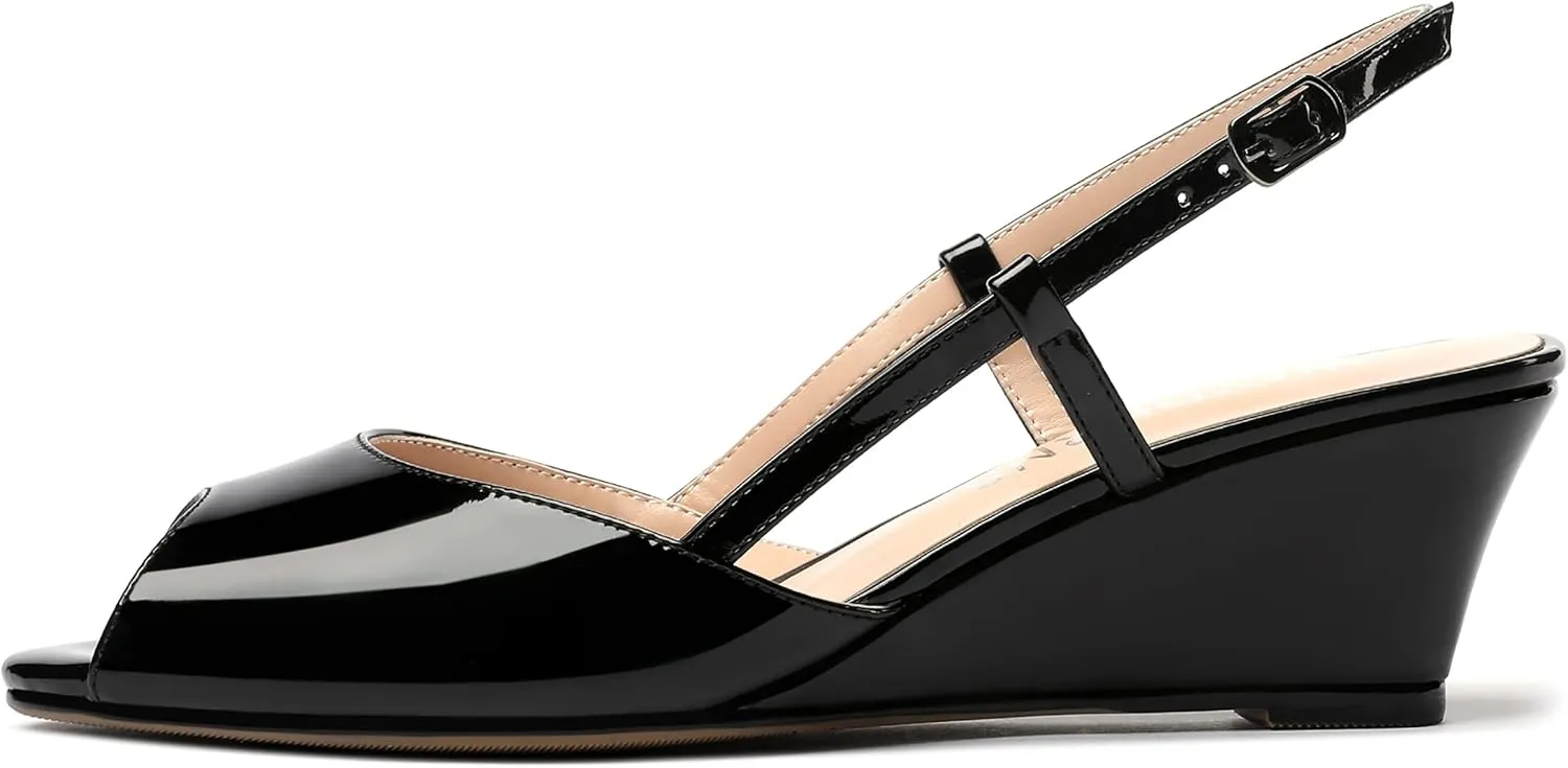 WAYDERNS Women's Slingback Patent Peep Toe Sandals Ankle Strap Wedge Low Heel Pumps Cute Dress Shoes 2 Inch