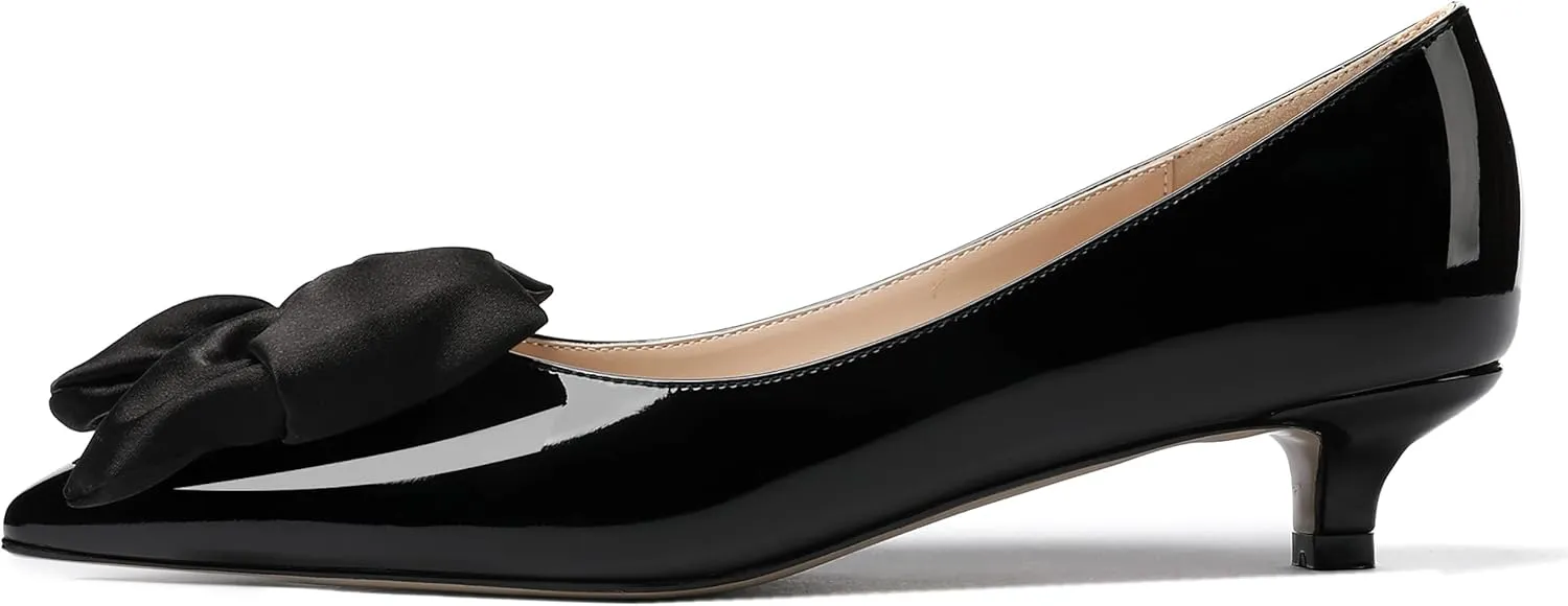 WAYDERNS Women's Slip On Patent Pointed Toe Bow Decoration Kitten Low Heel Pumps Shoes 1.5 Inch