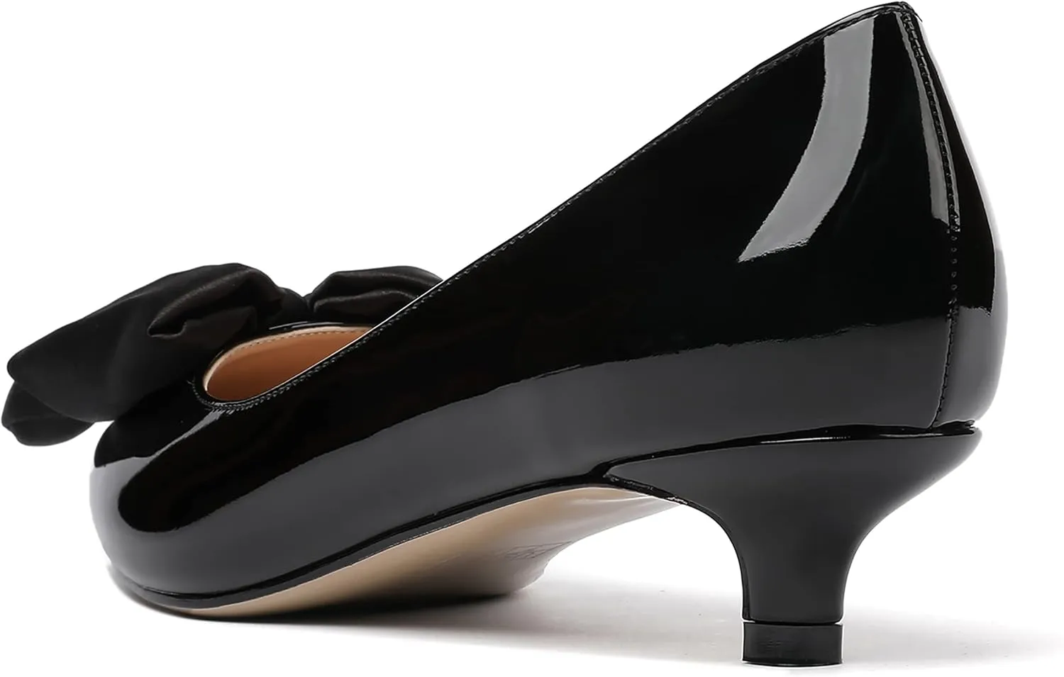 WAYDERNS Women's Slip On Patent Pointed Toe Bow Decoration Kitten Low Heel Pumps Shoes 1.5 Inch
