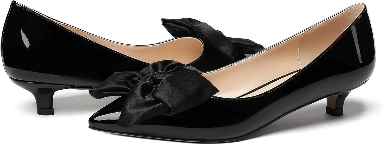 WAYDERNS Women's Slip On Patent Pointed Toe Bow Decoration Kitten Low Heel Pumps Shoes 1.5 Inch