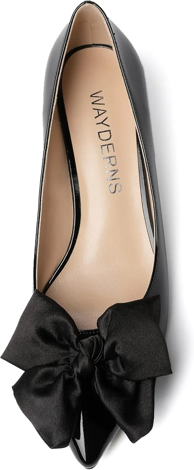 WAYDERNS Women's Slip On Patent Pointed Toe Bow Decoration Kitten Low Heel Pumps Shoes 1.5 Inch