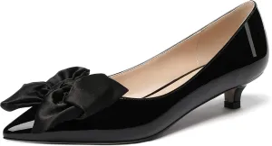 WAYDERNS Women's Slip On Patent Pointed Toe Bow Decoration Kitten Low Heel Pumps Shoes 1.5 Inch