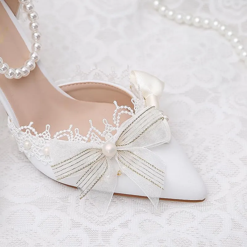 Wedding Bridal Shoes Pearl Crystal Wristband Girl Flower Wedding Bridesmaid Shoes White Bow Hollow Women's Shoes Medium Heel Shoes Low Heels