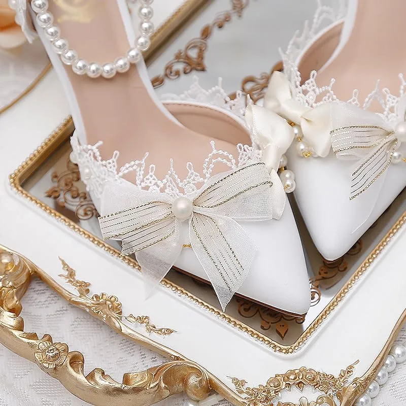 Wedding Bridal Shoes Pearl Crystal Wristband Girl Flower Wedding Bridesmaid Shoes White Bow Hollow Women's Shoes Medium Heel Shoes Low Heels