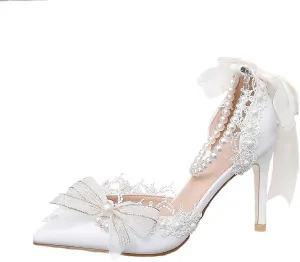 Wedding Bridal Shoes Pearl Crystal Wristband Girl Flower Wedding Bridesmaid Shoes White Bow Hollow Women's Shoes Medium Heel Shoes Low Heels