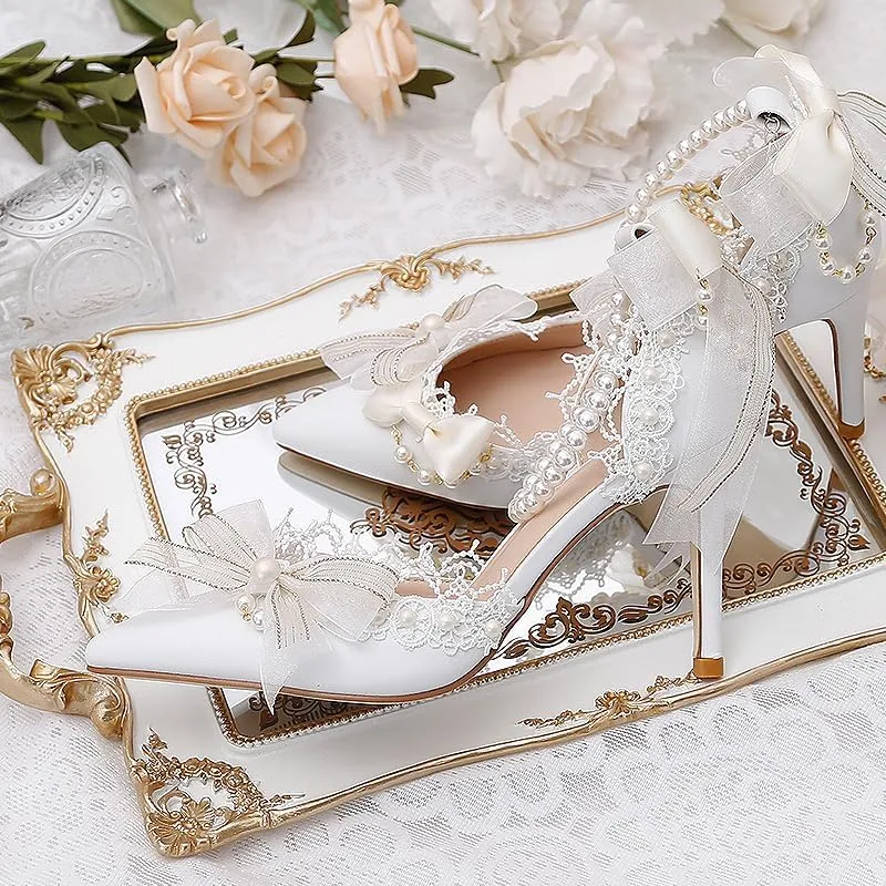 Wedding Bridal Shoes Pearl Crystal Wristband Girl Flower Wedding Bridesmaid Shoes White Bow Hollow Women's Shoes Medium Heel Shoes Low Heels