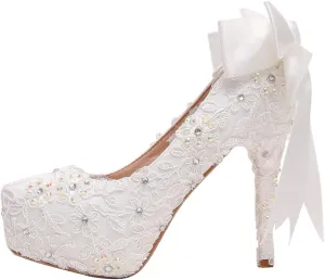 White Bow Bridal Shoes Super High Heel Platform Stiletto Rhinestone Lace Wedding Shoes Women's Medium Heel Low Heels