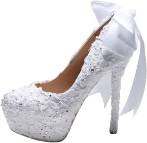 White Bow Bridal Shoes Super High Heel Platform Stiletto Rhinestone Lace Wedding Shoes Women's Medium Heel Low Heels