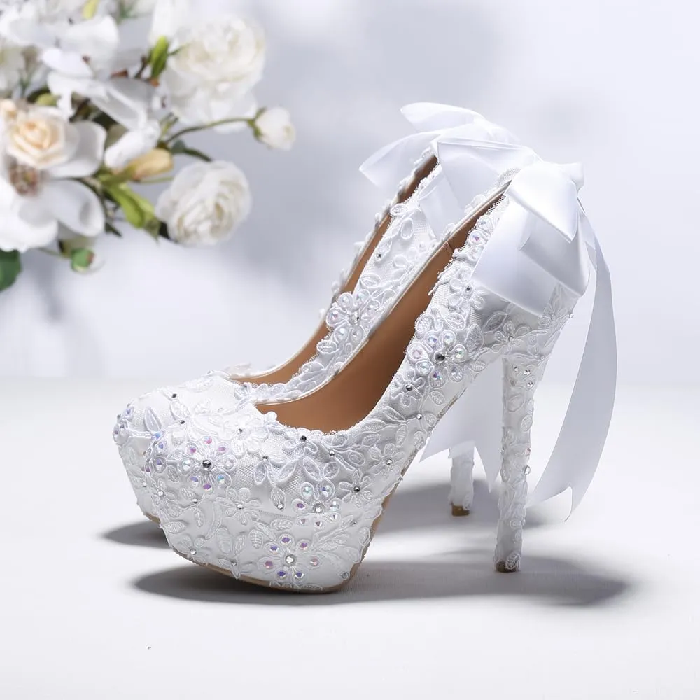White Bow Bridal Shoes Super High Heel Platform Stiletto Rhinestone Lace Wedding Shoes Women's Medium Heel Low Heels