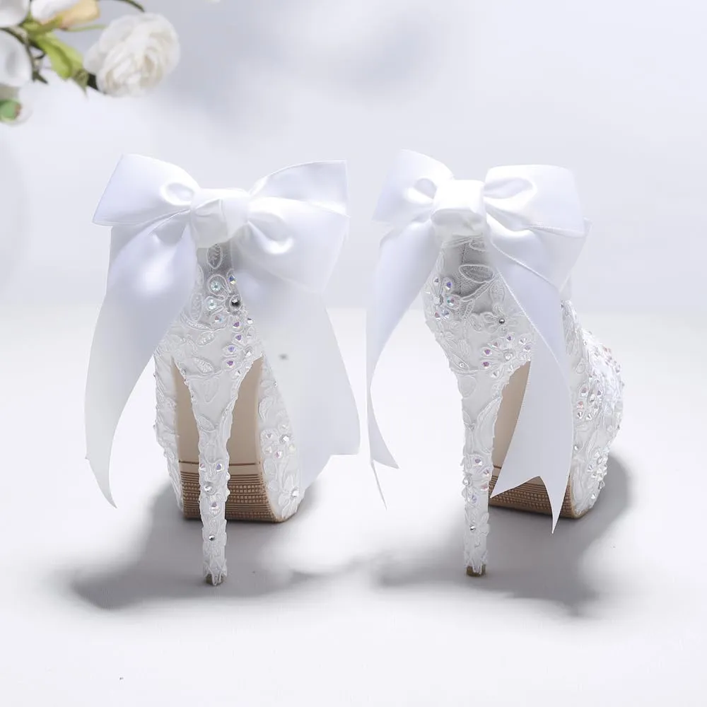 White Bow Bridal Shoes Super High Heel Platform Stiletto Rhinestone Lace Wedding Shoes Women's Medium Heel Low Heels