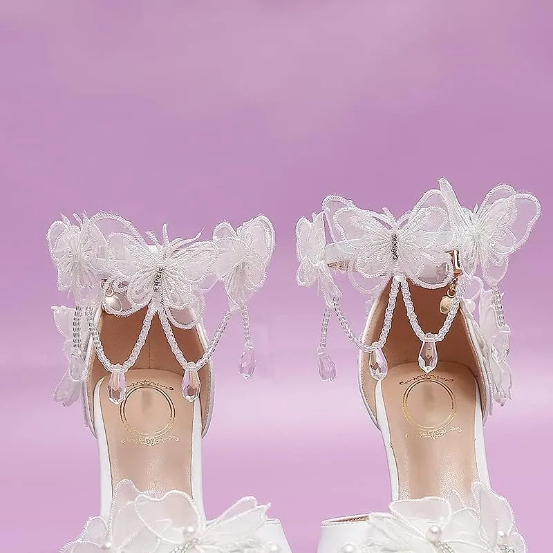 White Chiffon Butterfly Crystal Fringe Wrist Strap Bridal wedding High Heel Shoes Lace Pearl Flower Pointed Toe Stiletto Women's Sandals