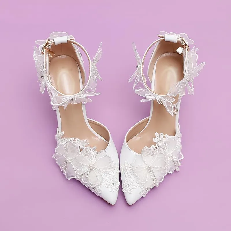 White Chiffon Butterfly Crystal Fringe Wrist Strap Bridal wedding High Heel Shoes Lace Pearl Flower Pointed Toe Stiletto Women's Sandals