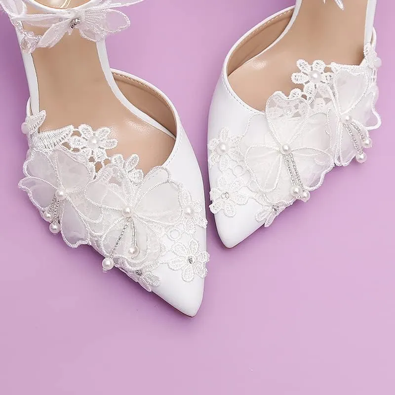 White Chiffon Butterfly Crystal Fringe Wrist Strap Bridal wedding High Heel Shoes Lace Pearl Flower Pointed Toe Stiletto Women's Sandals