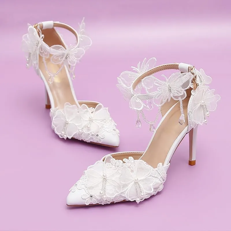 White Chiffon Butterfly Crystal Fringe Wrist Strap Bridal wedding High Heel Shoes Lace Pearl Flower Pointed Toe Stiletto Women's Sandals