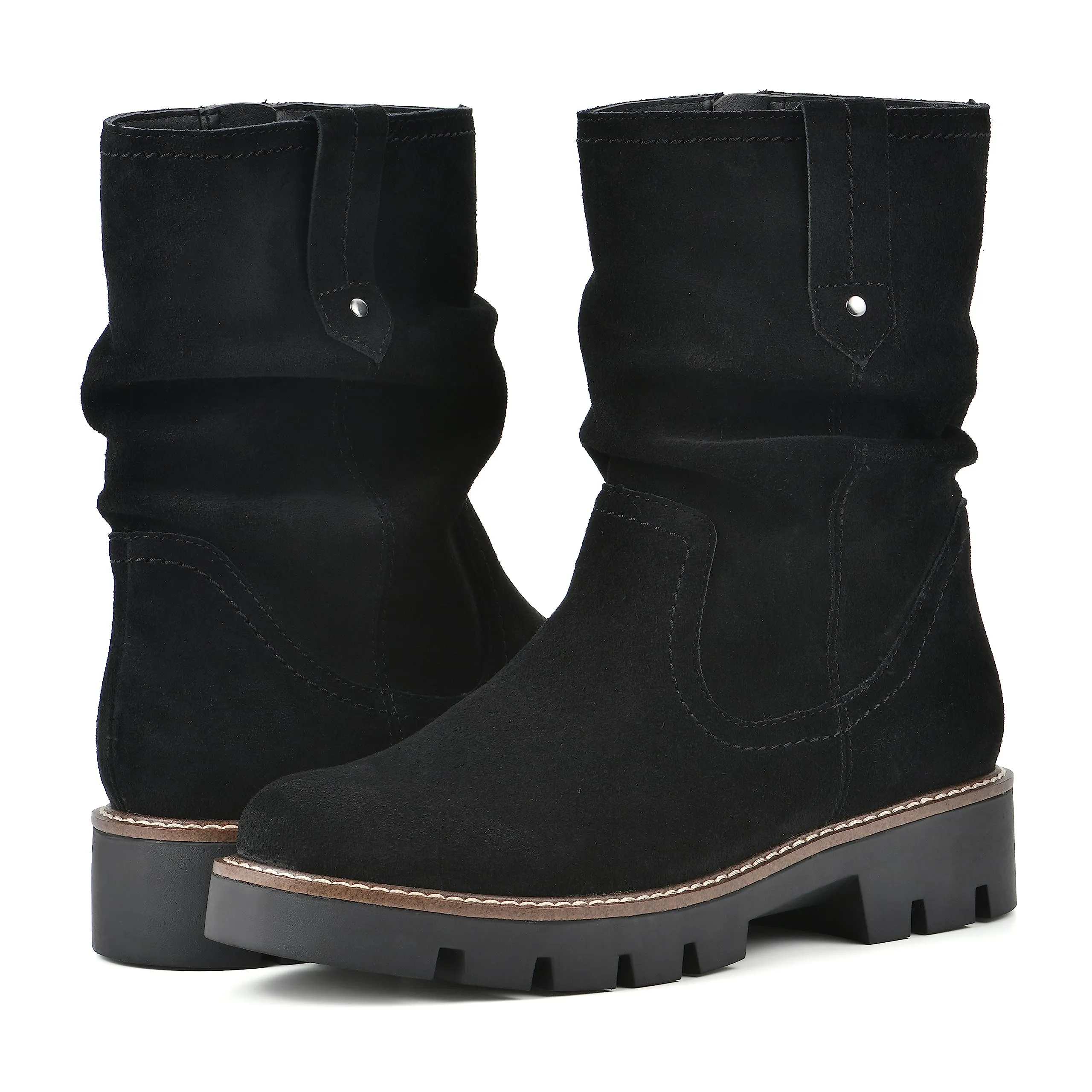 WHITE MOUNTAIN Women's Shoes Glean Lug Sole Mid Calf Boot, Black/Suede, 7.5 M
