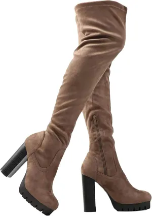 Wild Diva Vivica-10 Women Round Toe Low Heel Knee High Boots Chunky Platform Heel Classics Zipper Bootes
