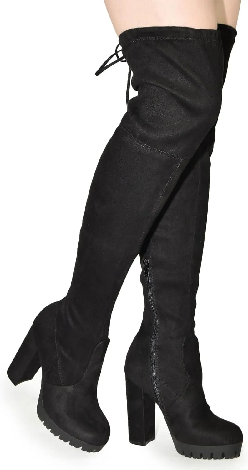 Wild Diva Vivica-10 Women Round Toe Low Heel Knee High Boots Chunky Platform Heel Classics Zipper Bootes