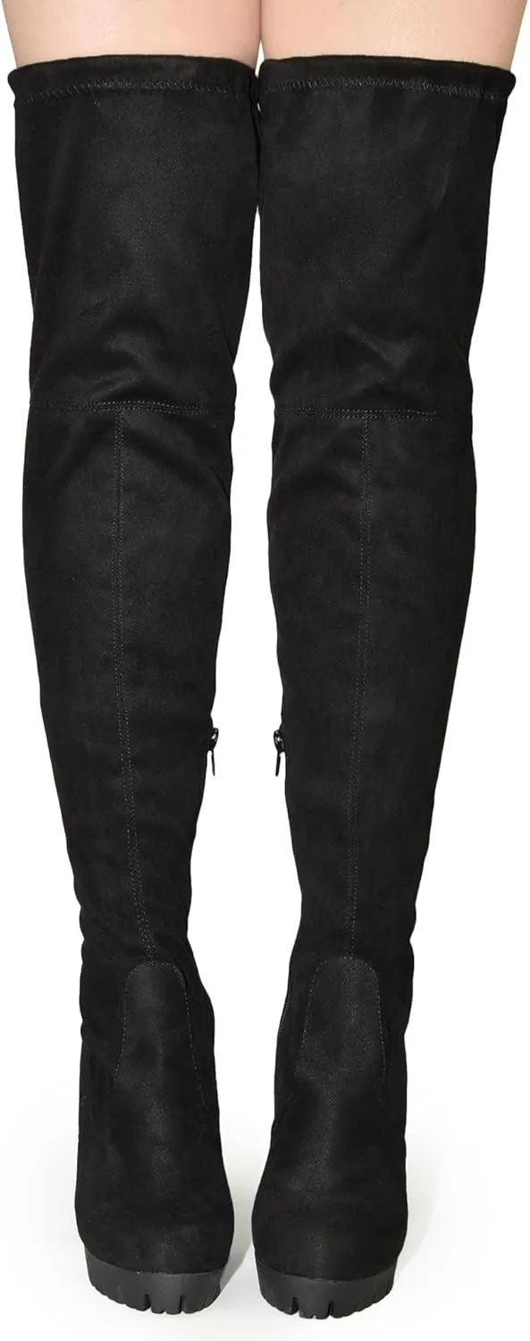 Wild Diva Vivica-10 Women Round Toe Low Heel Knee High Boots Chunky Platform Heel Classics Zipper Bootes